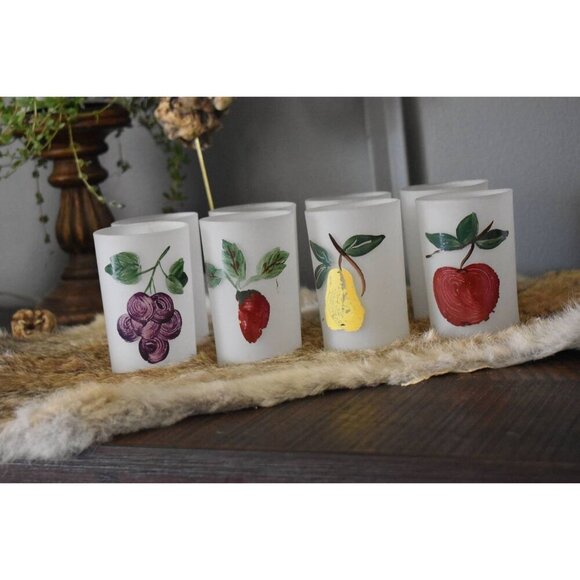 Federal Eight (8) Frosted Fruit Juice Glasses handpainted apple grape strawberry - Picture 8 of 8